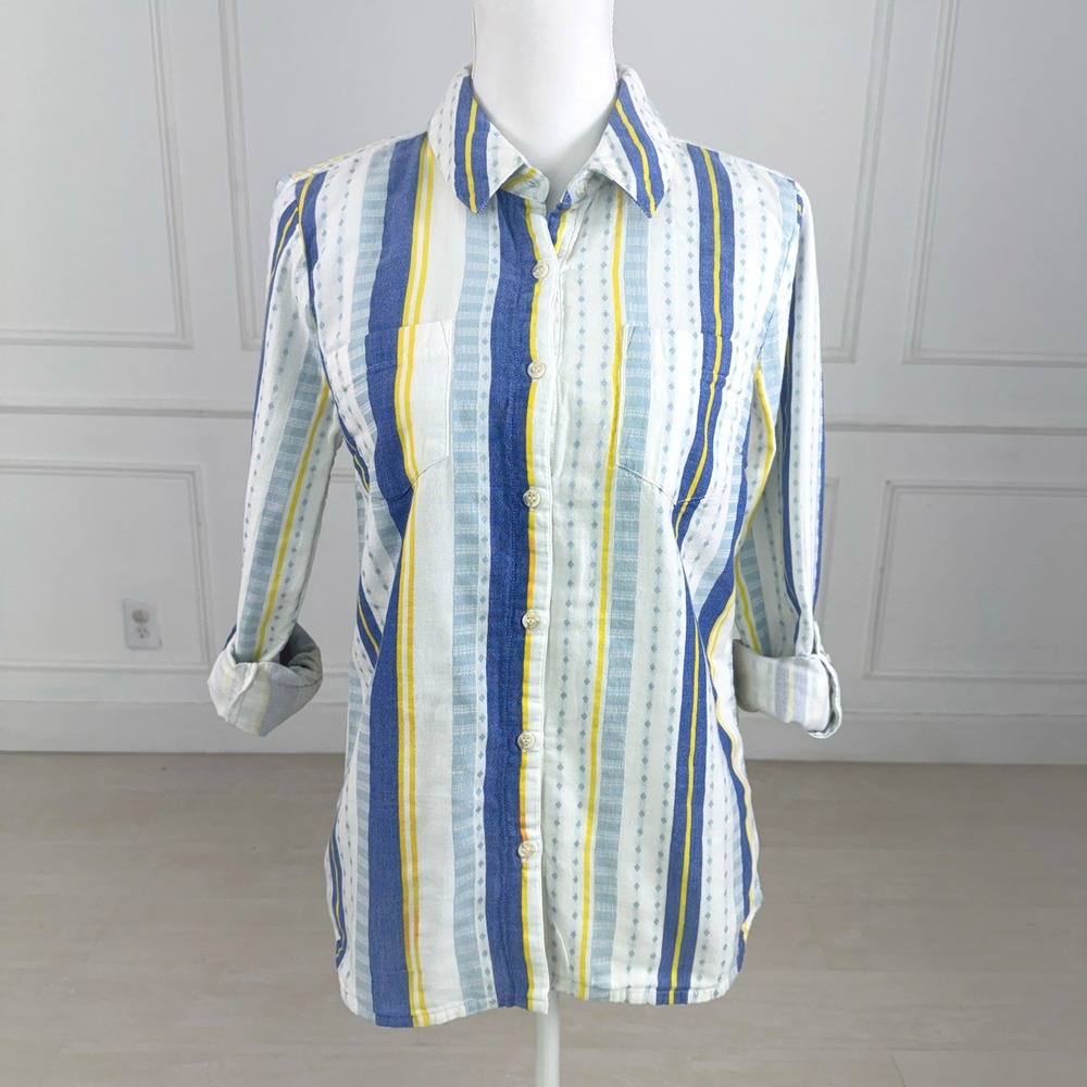 Splendid‎ Button Down Shirt Women Medium Blue Yellow Striped Cotton Long Sleeve